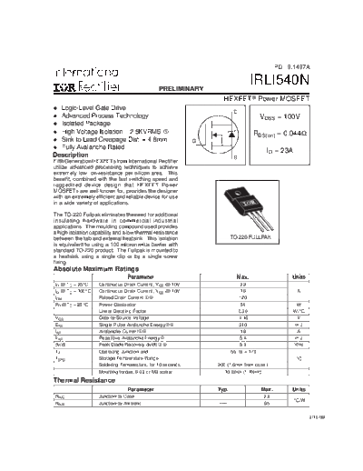International Rectifier irli540n  . Electronic Components Datasheets Active components Transistors International Rectifier irli540n.pdf