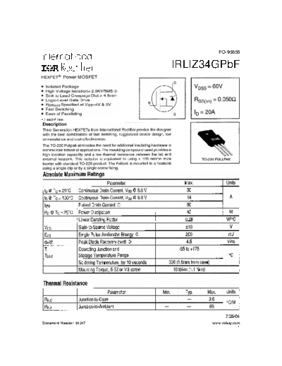 International Rectifier irliz34gpbf  . Electronic Components Datasheets Active components Transistors International Rectifier irliz34gpbf.pdf