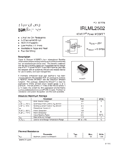 International Rectifier irlml2502  . Electronic Components Datasheets Active components Transistors International Rectifier irlml2502.pdf