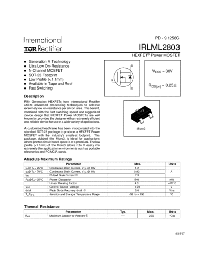International Rectifier irlml2803  . Electronic Components Datasheets Active components Transistors International Rectifier irlml2803.pdf