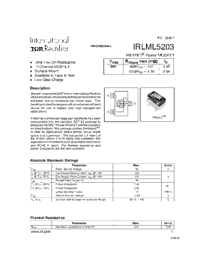 International Rectifier irlml5203  . Electronic Components Datasheets Active components Transistors International Rectifier irlml5203.pdf