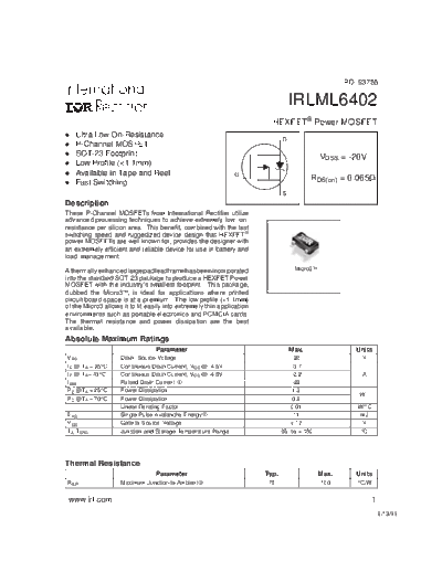 International Rectifier irlml6402  . Electronic Components Datasheets Active components Transistors International Rectifier irlml6402.pdf