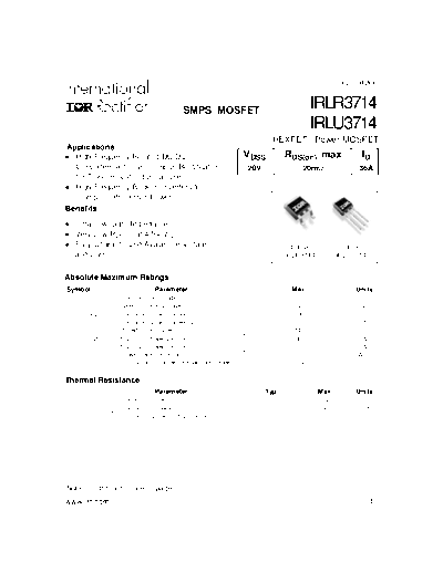 International Rectifier irlr3714  . Electronic Components Datasheets Active components Transistors International Rectifier irlr3714.pdf