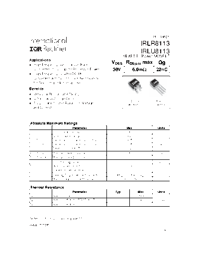 International Rectifier irlr8113  . Electronic Components Datasheets Active components Transistors International Rectifier irlr8113.pdf