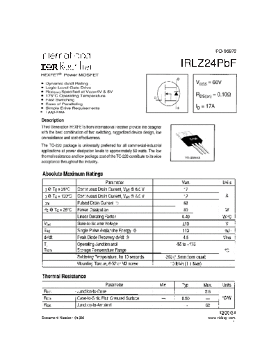 International Rectifier irlz24pbf  . Electronic Components Datasheets Active components Transistors International Rectifier irlz24pbf.pdf