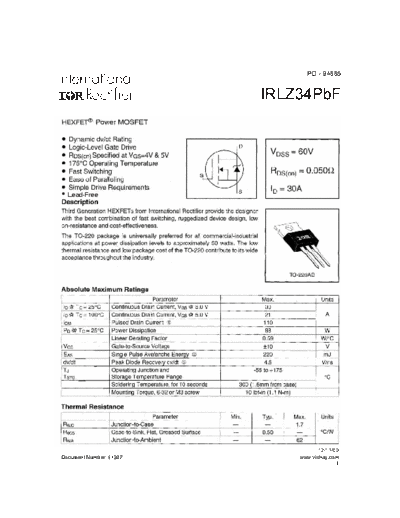 International Rectifier irlz34  . Electronic Components Datasheets Active components Transistors International Rectifier irlz34.pdf