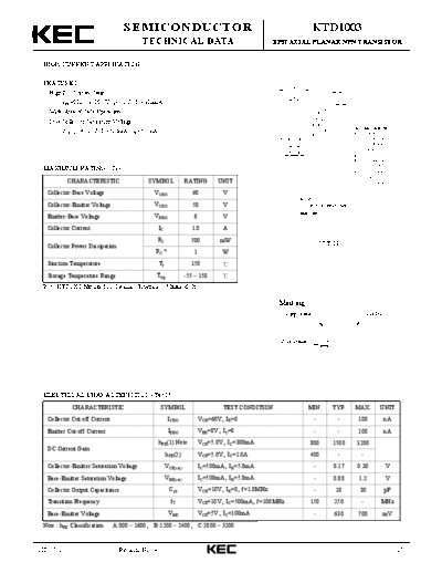 KEC ktd1003  . Electronic Components Datasheets Active components Transistors KEC ktd1003.pdf
