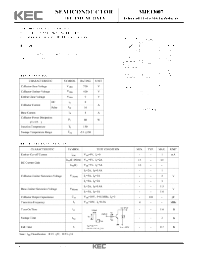 KEC mje13007  . Electronic Components Datasheets Active components Transistors KEC mje13007.pdf