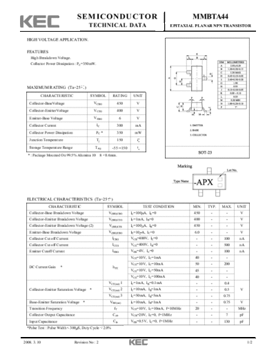 KEC mmbta44  . Electronic Components Datasheets Active components Transistors KEC mmbta44.pdf