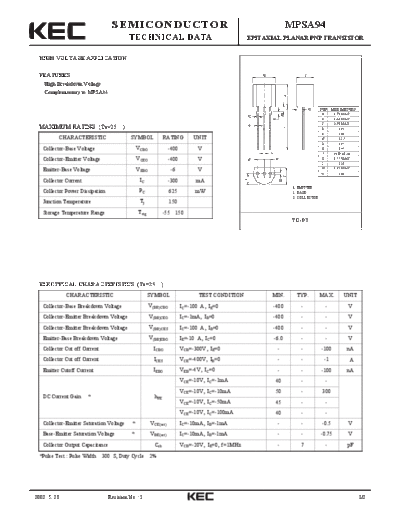 KEC mpsa94  . Electronic Components Datasheets Active components Transistors KEC mpsa94.pdf