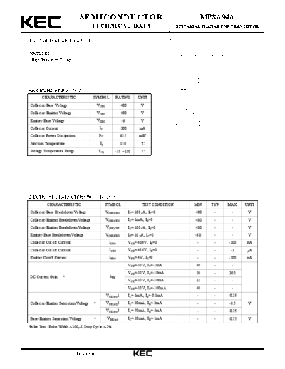 KEC mpsa94a  . Electronic Components Datasheets Active components Transistors KEC mpsa94a.pdf