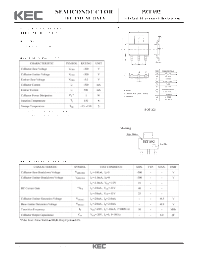 KEC pzta92  . Electronic Components Datasheets Active components Transistors KEC pzta92.pdf