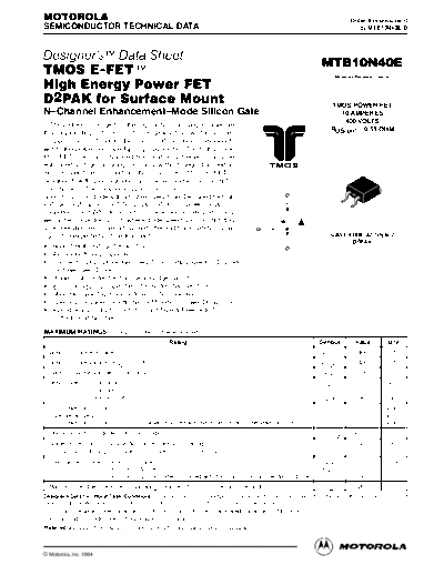 Motorola mtb10n40erev0x  . Electronic Components Datasheets Active components Transistors Motorola mtb10n40erev0x.pdf