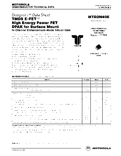Motorola mtd2n40e  . Electronic Components Datasheets Active components Transistors Motorola mtd2n40e.pdf