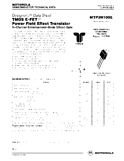 Motorola mtp3n100e  . Electronic Components Datasheets Active components Transistors Motorola mtp3n100e.pdf