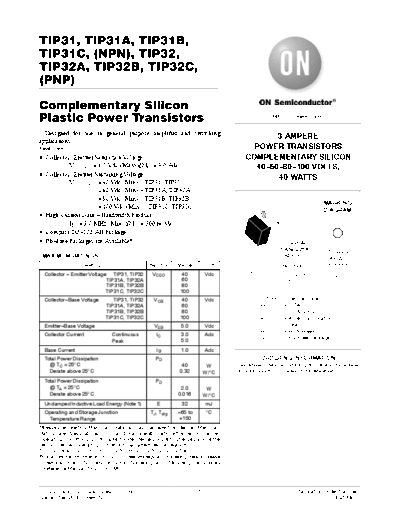 ON Semiconductor tip31-a-b-c tip32-a-b-c  . Electronic Components Datasheets Active components Transistors ON Semiconductor tip31-a-b-c_tip32-a-b-c.pdf