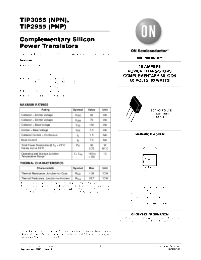 ON Semiconductor tip3055 tip2955  . Electronic Components Datasheets Active components Transistors ON Semiconductor tip3055_tip2955.pdf