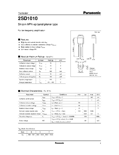 Panasonic 2sd1010  . Electronic Components Datasheets Active components Transistors Panasonic 2sd1010.pdf