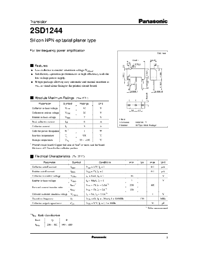 Panasonic 2sd1244  . Electronic Components Datasheets Active components Transistors Panasonic 2sd1244.pdf
