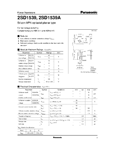 Panasonic 2sd1539  . Electronic Components Datasheets Active components Transistors Panasonic 2sd1539.pdf