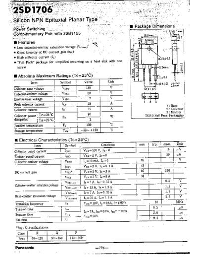 Panasonic 2sd1706  . Electronic Components Datasheets Active components Transistors Panasonic 2sd1706.pdf