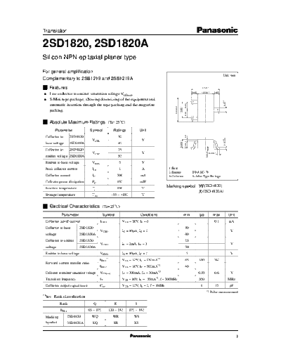 Panasonic 2sd1820  . Electronic Components Datasheets Active components Transistors Panasonic 2sd1820.pdf