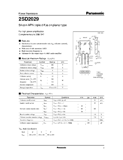 Panasonic 2sd2029  . Electronic Components Datasheets Active components Transistors Panasonic 2sd2029.pdf