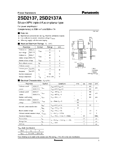 Panasonic 2sd2137  . Electronic Components Datasheets Active components Transistors Panasonic 2sd2137.pdf