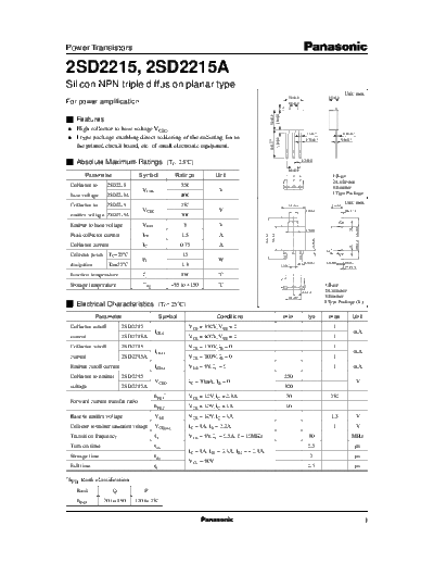 Panasonic 2sd2215  . Electronic Components Datasheets Active components Transistors Panasonic 2sd2215.pdf