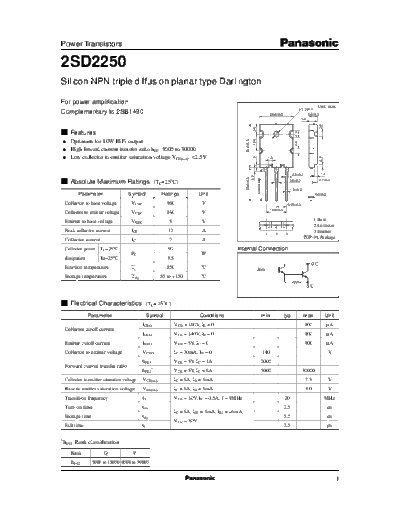 Panasonic 2sd2250  . Electronic Components Datasheets Active components Transistors Panasonic 2sd2250.pdf