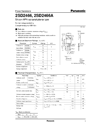 Panasonic 2sd2466  . Electronic Components Datasheets Active components Transistors Panasonic 2sd2466.pdf