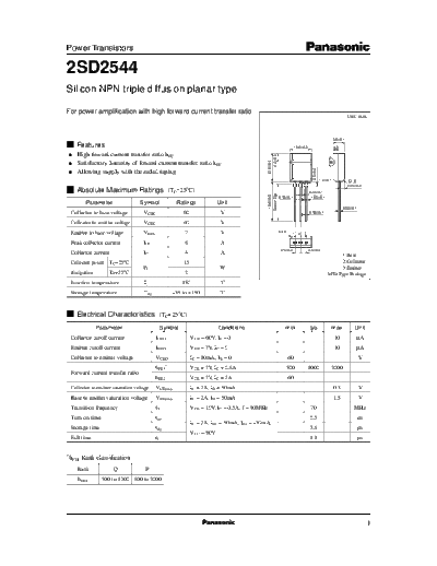 Panasonic 2sd2544  . Electronic Components Datasheets Active components Transistors Panasonic 2sd2544.pdf