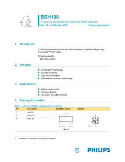 Philips bsh108-02  . Electronic Components Datasheets Active components Transistors Philips bsh108-02.pdf