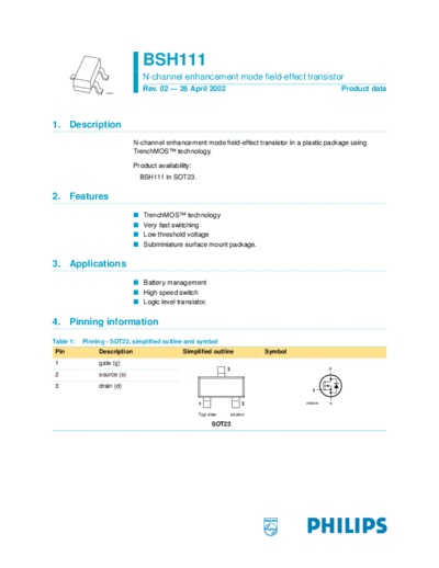 Philips bsh111  . Electronic Components Datasheets Active components Transistors Philips bsh111.pdf