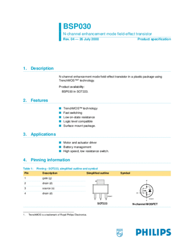 Philips bsp030  . Electronic Components Datasheets Active components Transistors Philips bsp030.pdf