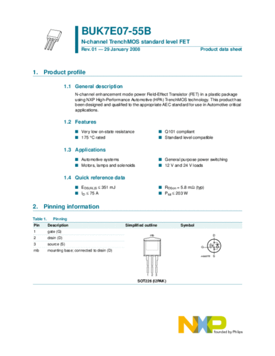 Philips buk7e07-55b  . Electronic Components Datasheets Active components Transistors Philips buk7e07-55b.pdf