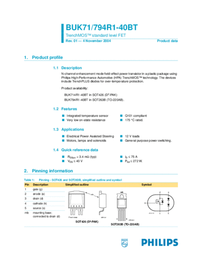 Philips buk714r1-40bt buk794r1-40bt  . Electronic Components Datasheets Active components Transistors Philips buk714r1-40bt_buk794r1-40bt.pdf