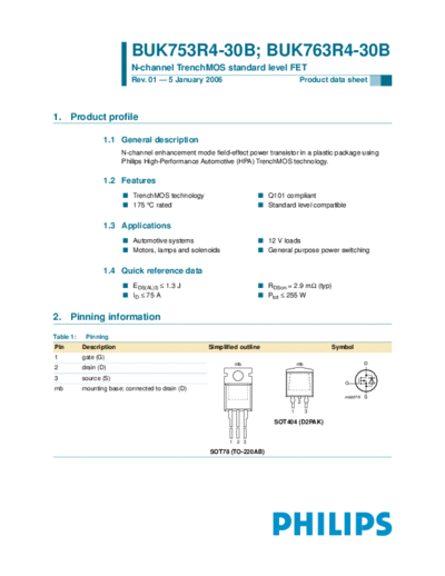 Philips buk753r4-30b buk763r4-30b  . Electronic Components Datasheets Active components Transistors Philips buk753r4-30b_buk763r4-30b.pdf