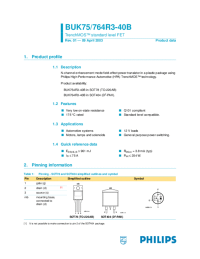 Philips buk754r3-40b buk764r3-40b  . Electronic Components Datasheets Active components Transistors Philips buk754r3-40b_buk764r3-40b.pdf