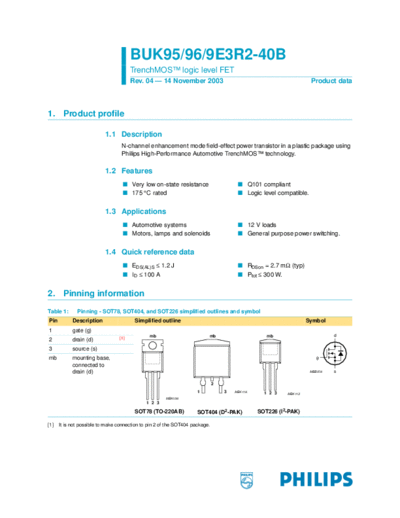 Philips buk953r2-40 buk963r2-40b buk9e3r2-40b  . Electronic Components Datasheets Active components Transistors Philips buk953r2-40_buk963r2-40b_buk9e3r2-40b.pdf