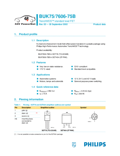 Philips buk7506-75b buk7606-75b  . Electronic Components Datasheets Active components Transistors Philips buk7506-75b_buk7606-75b.pdf