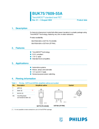 Philips buk7509-55a buk7609-55a  . Electronic Components Datasheets Active components Transistors Philips buk7509-55a_buk7609-55a.pdf