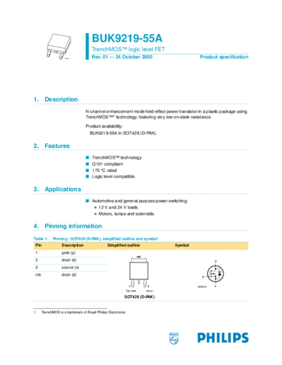 Philips buk9219 55a-01  . Electronic Components Datasheets Active components Transistors Philips buk9219_55a-01.pdf
