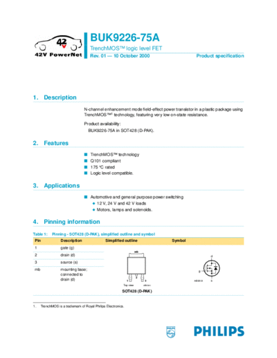 Philips buk9226 75a-01  . Electronic Components Datasheets Active components Transistors Philips buk9226_75a-01.pdf