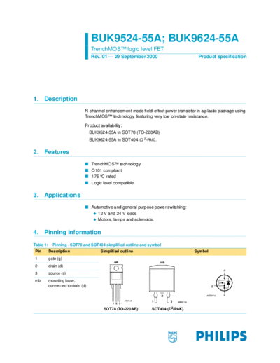 Philips buk9524-55a buk9624-55a  . Electronic Components Datasheets Active components Transistors Philips buk9524-55a_buk9624-55a.pdf