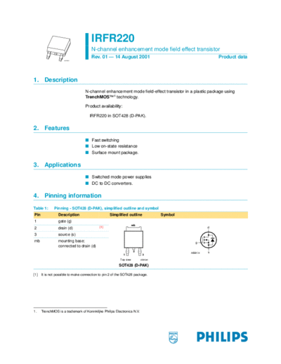 Philips irfr220-01  . Electronic Components Datasheets Active components Transistors Philips irfr220-01.pdf