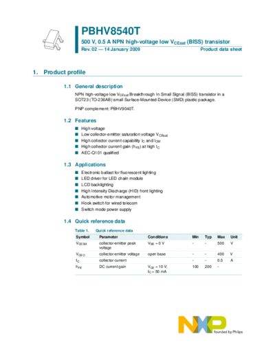 Philips pbhv8540t  . Electronic Components Datasheets Active components Transistors Philips pbhv8540t.pdf