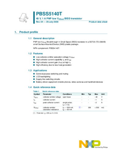 Philips pbss5140t  . Electronic Components Datasheets Active components Transistors Philips pbss5140t.pdf