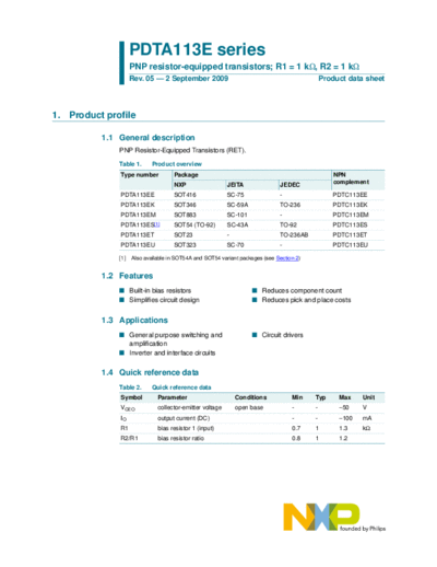 Philips pdta113e ser  . Electronic Components Datasheets Active components Transistors Philips pdta113e_ser.pdf