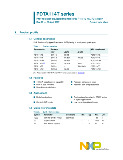 Philips pdta114t ser  . Electronic Components Datasheets Active components Transistors Philips pdta114t_ser.pdf